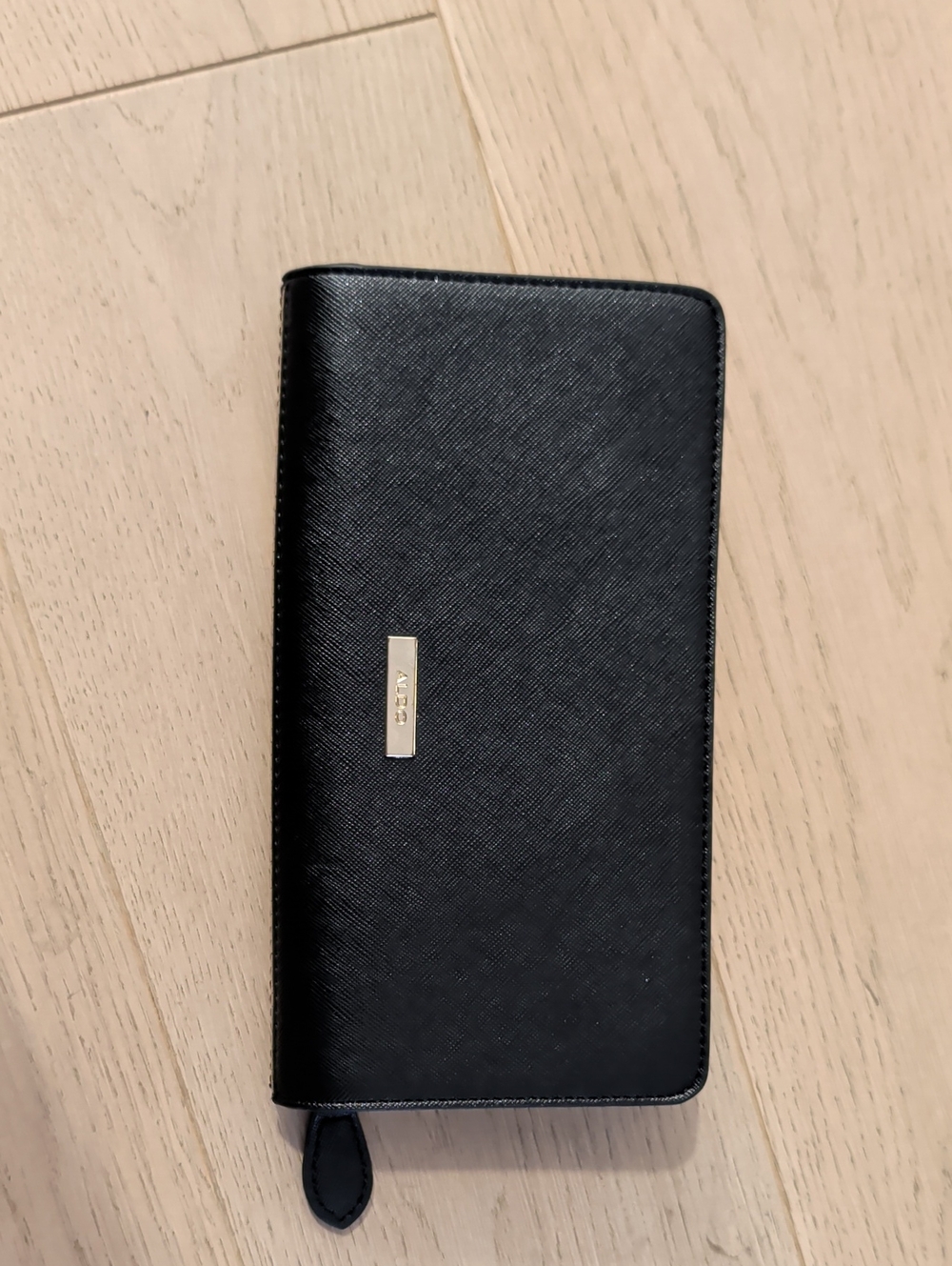 Aldo Black Textured Zip-Around Wallet with Gold Plaque